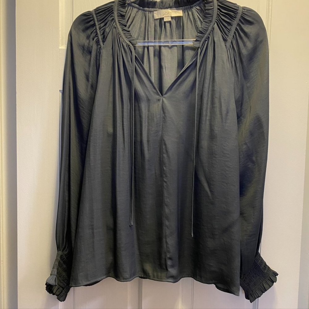 LOFT Silky Longsleeve Blouse with Ruffles in Grey